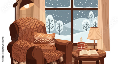 A cozy winter scene featuring an armchair, blanket, hot cocoa, and snowy landscape creating a warm and inviting atmosphere for relaxation and comfort during the cold season