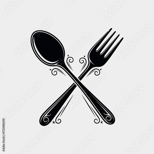 A stylized black silhouette of a spoon and fork crossed over each other, with decorative swirls on their handles, set against a plain light gray background.