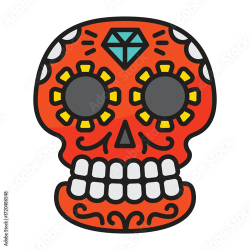 A colorful illustrated sugar skull with decorative elements