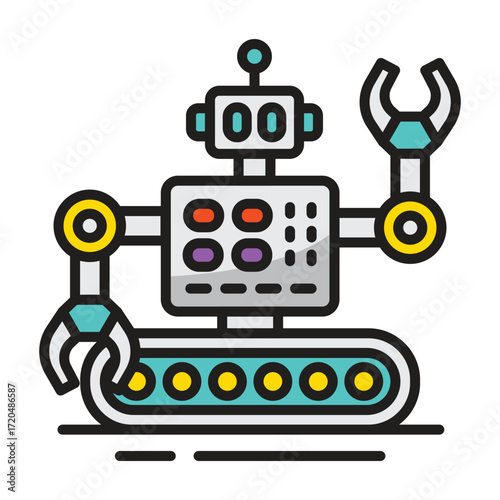 A colorful stylized icon of a robot with a claw and wrench