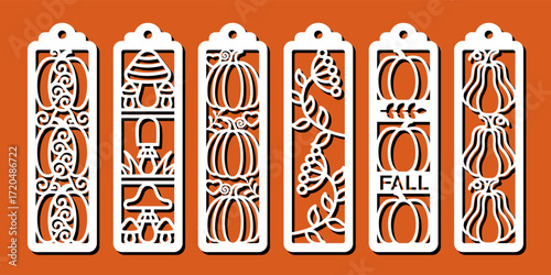 Vertical fall bookmarks. Vector design with pumpkins, mushrooms, branches. Laser cut template. Decorative autumn bookmark stencil for paper, wood and metal cutting