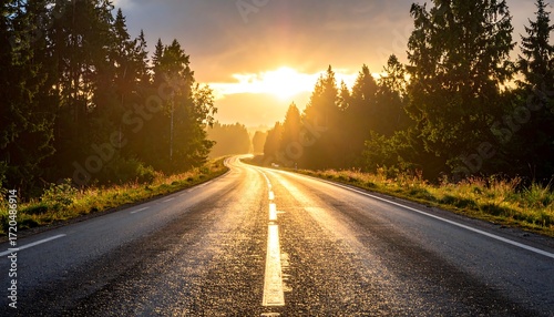 A winding road through a lush forest at sunset. The sun illuminates the path ahead, creating a warm and inviting atmosphere