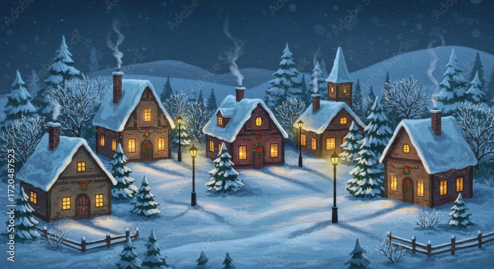 Fototapeta premium A charming winter village nestled in a snowy landscape, with warm, inviting homes and twinkling lights.