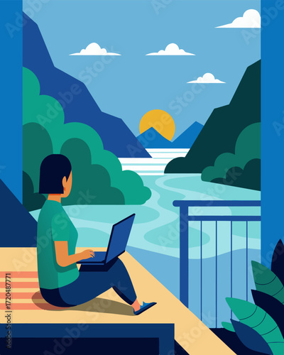 A traveler has set up their laptop on the floor of their private balcony taking advantage of the privacy and stunning river views to get some work done.. Vector illustration