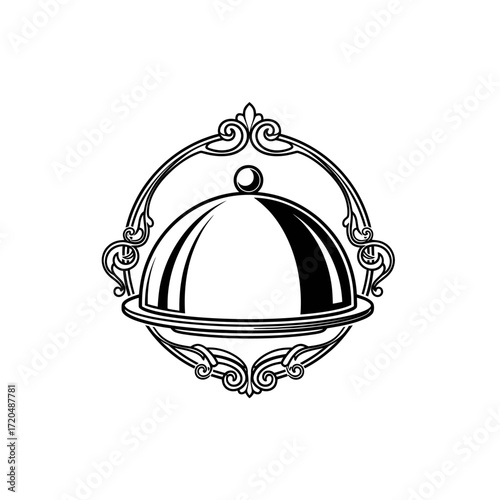 Elegant illustration of a covered serving dish with ornate frame.