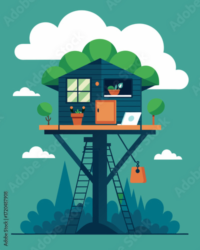 A treehouse designated exclusively for remote work ensuring privacy and a quiet atmosphere for maximum productivity.. Vector illustration
