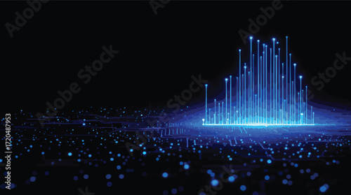 Abstract Digital Landscape of Glowing Blue Lights and Circuitry vector illustration.