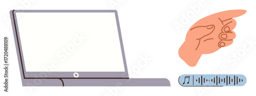 Hand points to an open laptop with a blank screen and an audio player showing soundwaves. Ideal for technology, digital communication, online learning, virtual meeting, creativity, collaboration