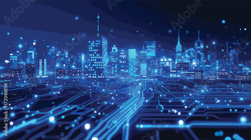 Futuristic blue digital city skyline with glowing circuit board pathways technology.