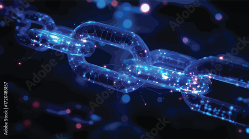 Glowing Blue Digital Blockchain Network Connection with Abstract Data Particles technology.