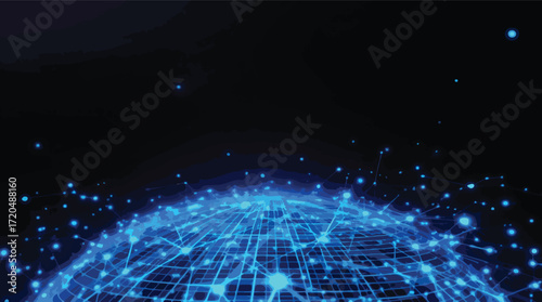 Glowing blue digital globe network with interconnected nodes on a black background vector illustration.