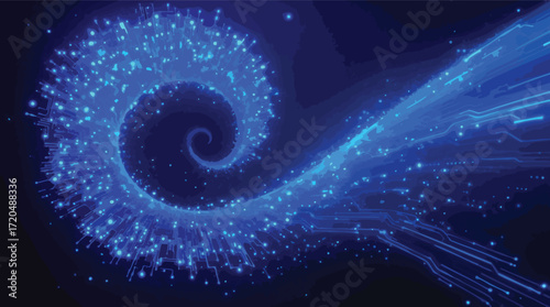 Swirling vortex of blue digital particles and circuit board lines in a dark background abstract.