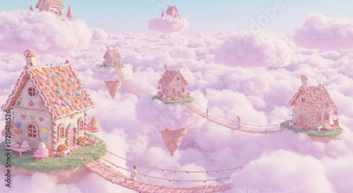 Enchanting Gingerbread Houses on Cloud Islands A Whimsical Digital Art
