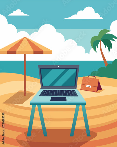 A laptop on a foldable desk sits on a sandy beach in front of a beachfront cabana offering a unique and picturesque workspace.. Vector illustration