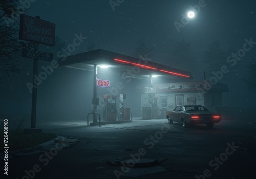 Deserted Gas Station at Night - Moody Retro Scene