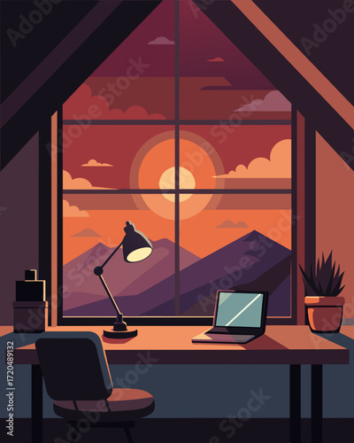 As the sun began to set over the horizon the warm and cozy loft transformed into an atmospheric workspace with a laptop setup sitting on a minimalist desk illuminated by a single. Vector illustration