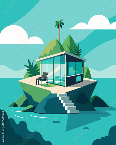 A cozy villa on the edge of the island is the perfect office for this digital nomad. The walls are made of glass offering stunning views of the surrounding turquoise waters.. Vector illustration
