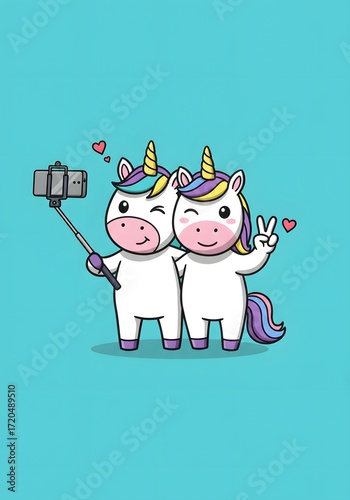 Cute Unicorns Taking a Selfie with Hearts and Peace Sign