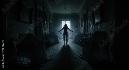 Eerie Ghost in Abandoned Mansion Hallway