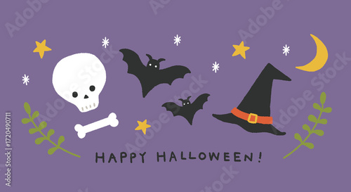 ハロウィンのガイコツとコウモリと魔女の帽子の手書きイラスト