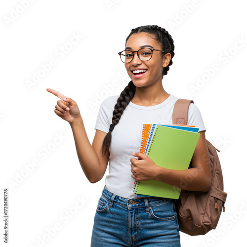 Beautiful smiling student pointing with her finger 