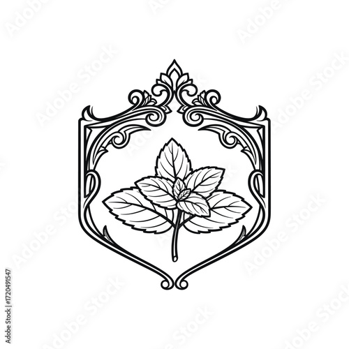 Ornate frame with three mint leaves illustration.
