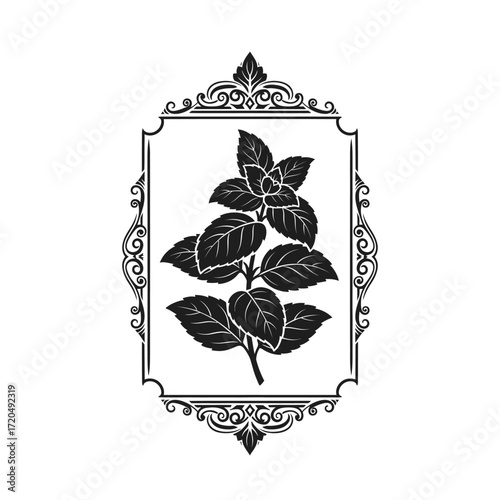 A black and white silhouette illustration of a mint sprig with leaves, enclosed within an elegant, ornate vintage frame.