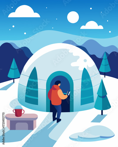 A person stepping outside of their igloo office taking a break to appreciate the beauty of a snowcovered world.. Vector illustration