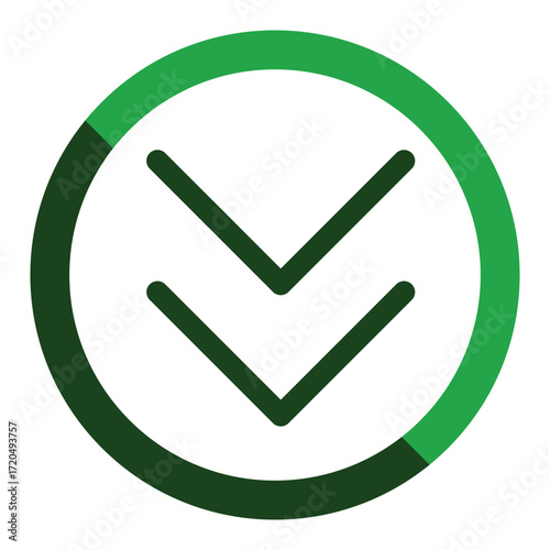 A dark green circle with two dark green arrows pointing down inside