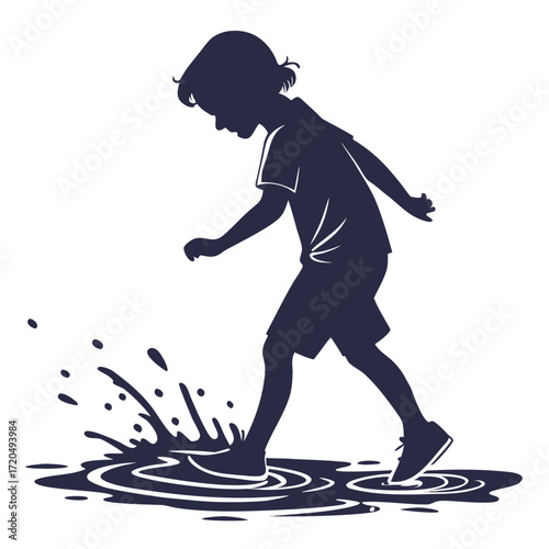 Kid splashing water puddle silhouette