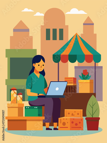 A trader sets up her makeshift office in the bustling town square surrounded by crates of goods and a laptop for managing her online business.. Vector illustration