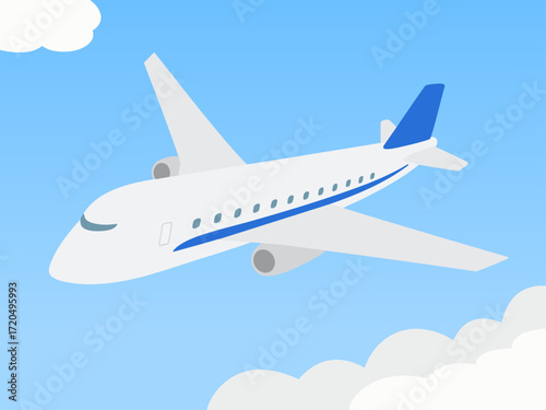 青空を行くジャンボジェット機 飛んでいる飛行機の風景イラスト
