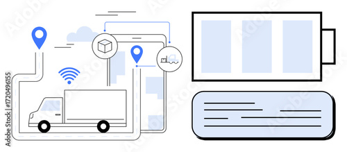 Truck moving on route with GPS icons, tablet, wireless signal, and abstract battery. Ideal for logistics, delivery, supply chain, fleet tracking shipment management technology connectivity. Simple