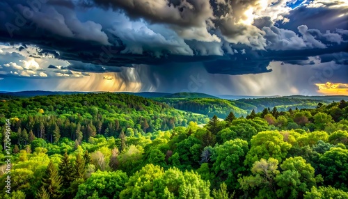 A vibrant landscape showcases a lush green forest beneath a dramatic, stormy sky with heavy rain and golden sunlight