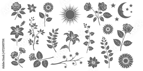 Black and white stencil set of flora and sun elements for creative design