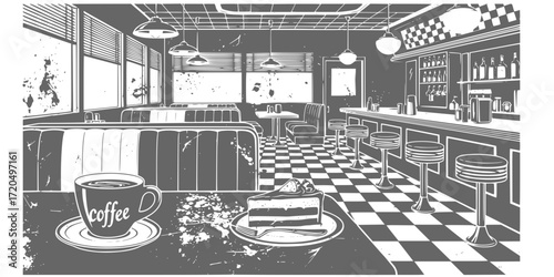 Grunge black and white diner set with coffee cup and cake design