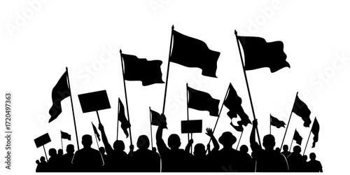 Black and white grunge illustration of street protest with flags raised high
