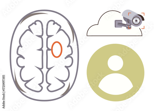 Stylized brain scan with focal area, surveillance camera monitoring with cloud link, and user profile silhouette. Ideal for neuroscience, security, privacy, data analysis, healthcare, AI and ethical