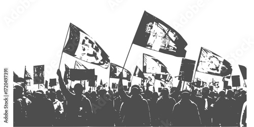 Black and white grunge illustration of street protest with flags raised high