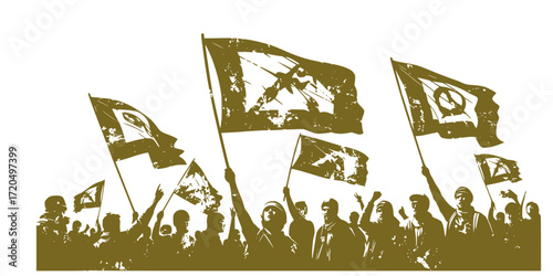 Black and white grunge illustration of street protest with flags raised high