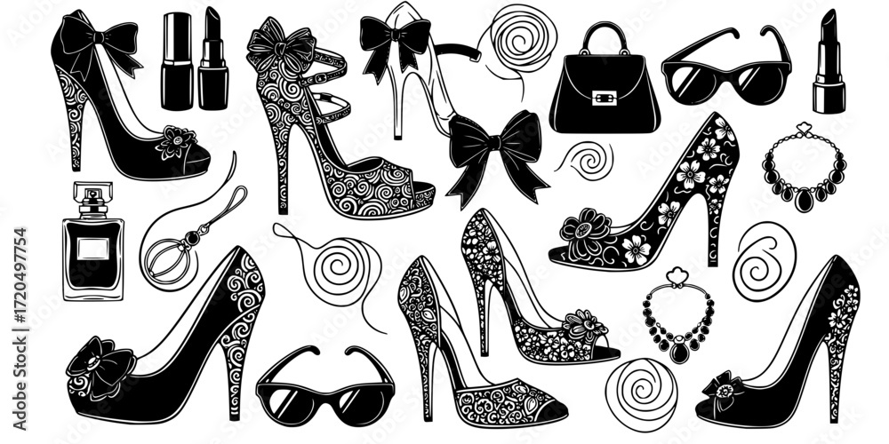 Obraz premium Collection of hand drawn decorative high heels and fashion doodles