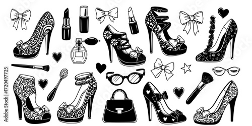 Collection of hand drawn decorative high heels and fashion doodles