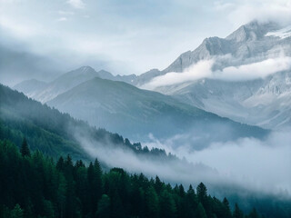 Tableau sur plexiglas  mountains in the fog. mountain, landscape, mountains, sky, snow, nature, forest, clouds, alps, peak, view, winter, trees, cloud, fog, alpine, tree, rock, travel, green, valley, europe, panorama, panor  © Watcharakorn