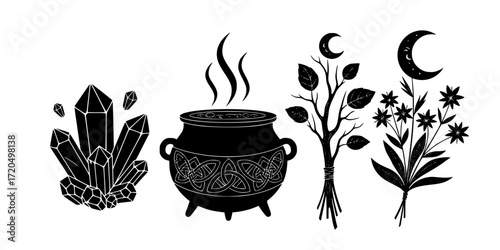 Enchanted elements: engraved collection of cauldron, crystal, and mystical herbs for magic and alchemy