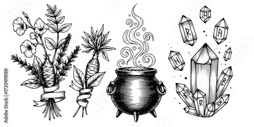 Enchanted elements: engraved collection of cauldron, crystal, and mystical herbs for magic and alchemy