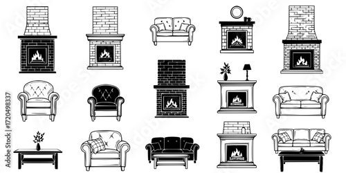 Cozy home interiors: black and white sketch collection