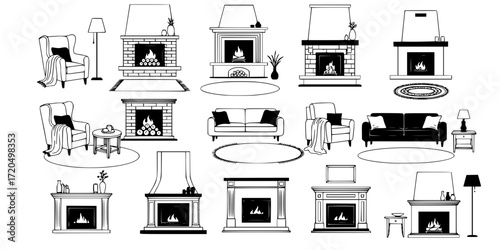 Cozy home interiors: black and white sketch collection