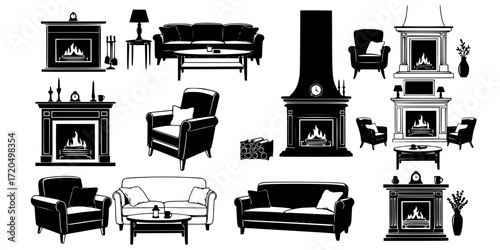 Cozy home interiors: black and white sketch collection