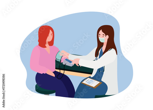 Woman checking her blood pressure to a female doctor. Simple flat illustration.