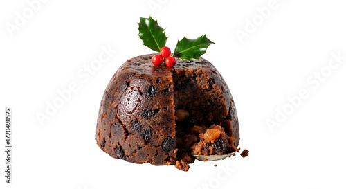 A traditional christmas pudding decorated with holly and berries, isolated on transparent background
